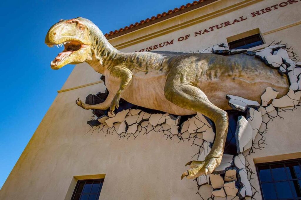 Dinosaur model breaking through a Museum of Natural History wall, creating the illusion of an escape.